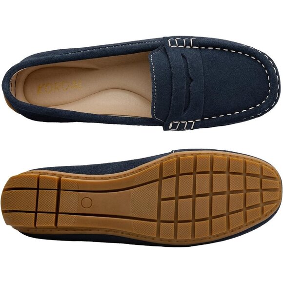 Kordal Women's Navy Suede Gold Accent Buckle Slip-Ons Walking Flats Loafers - Picture 9 of 9